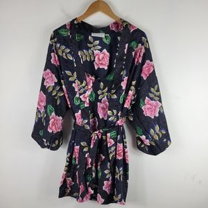 Vintage 90s Val Mode Lingerie Jacquard Floral Kimono Sleeve Robe Slip Set